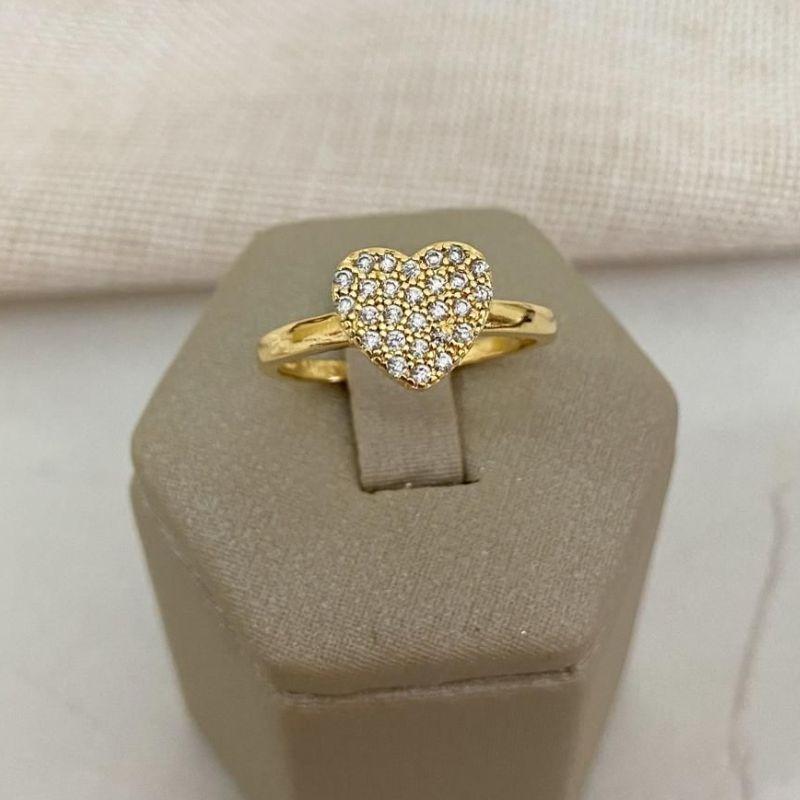 Anel Coração Cravejado de Zircônias Banhado a Ouro 18k – Joia Romântica