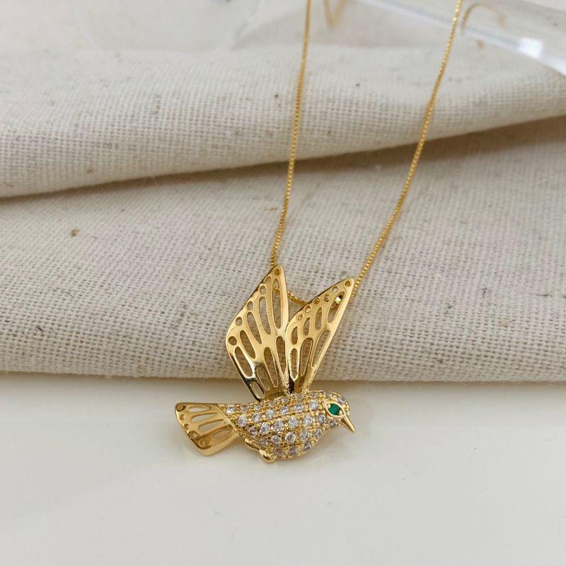 Colar Gargantilha Corrente Veneziana com Pingente Passarinho Cravejado